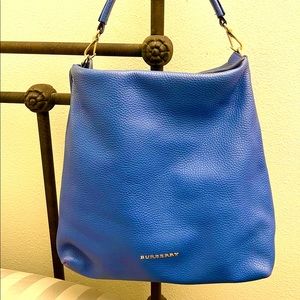Burberry London Grainy Leather Medium Cale Hobo Blue Tote Bag Made in Italy